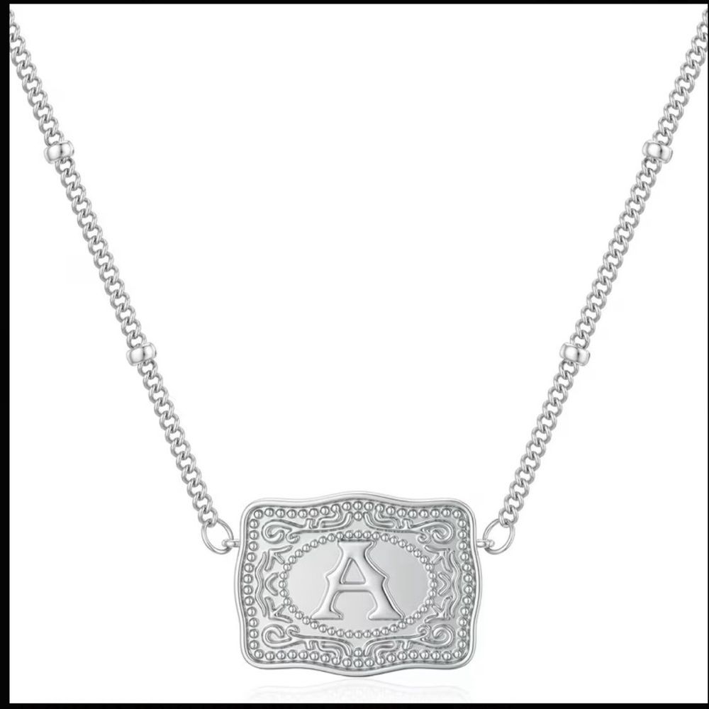 Silver Initial Belt Buckle Pendant Necklace